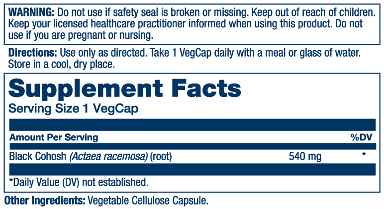 Supplement facts for Solaray Black Cohosh Root 540mg: herbal menopause support with dosage, warnings, and directions.