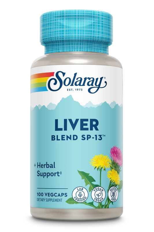 A bottle of Liver Blend Sp-13 dietary supplement with 100 veggie capsules features a blue label highlighting dandelion root, milk thistle seed, and herbal support. It is lab verified, vegan, and gluten free.