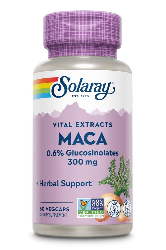 A 60-vegcaps bottle of SOLARAY Maca Root Extract 300 mg herbal supplement with a purple label.