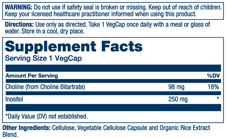 Solaray Choline & Inositol 250mg Supplement Facts label listing serving size, nutrients, ingredients, and usage directions.