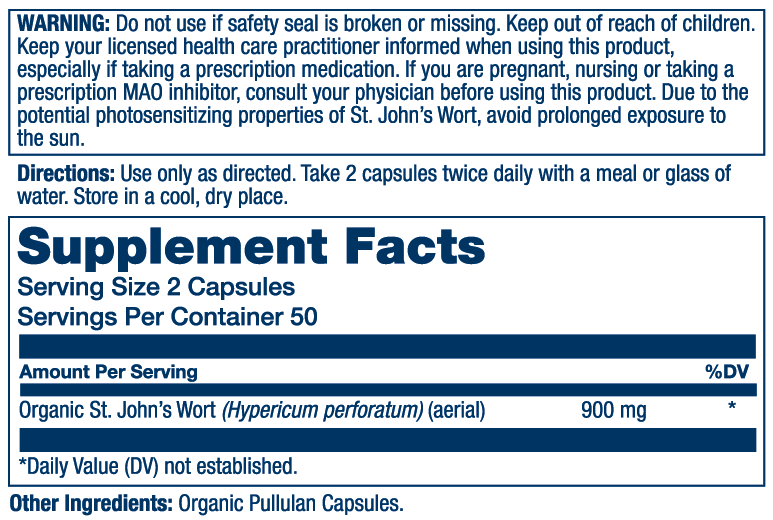 Solaray Organic St. John's Wort 900mg label with directions, supplement facts, warnings, and ingredients.