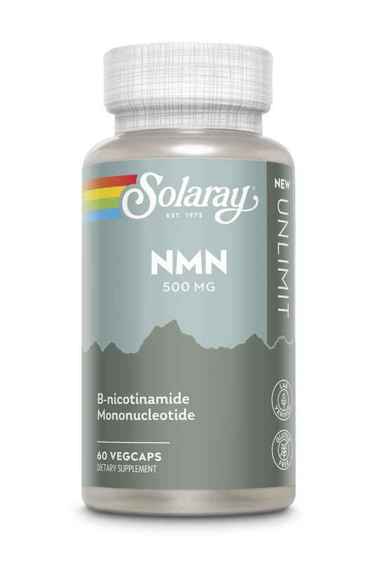 Solaray NMN 500 mg, 60 vegcaps, for cellular metabolism support, comes in a bottle with a gray label.