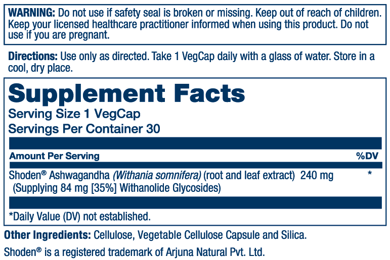 Supplement facts label for Solaray ProSorb Ashwagandha 18x 240mg capsules, listing ingredients, dosage, and warnings.