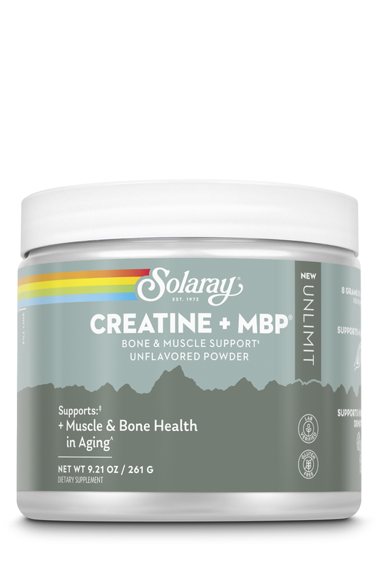 Solaray Creatine + MBP, unflavored powder, 9.21 oz (261 g)—supports muscle recovery & bone health.
