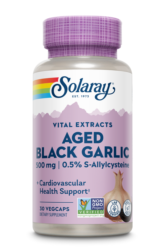 Solaray Aged Black Garlic for heart support, featuring a purple label with two garlic illustrations on the bottle.