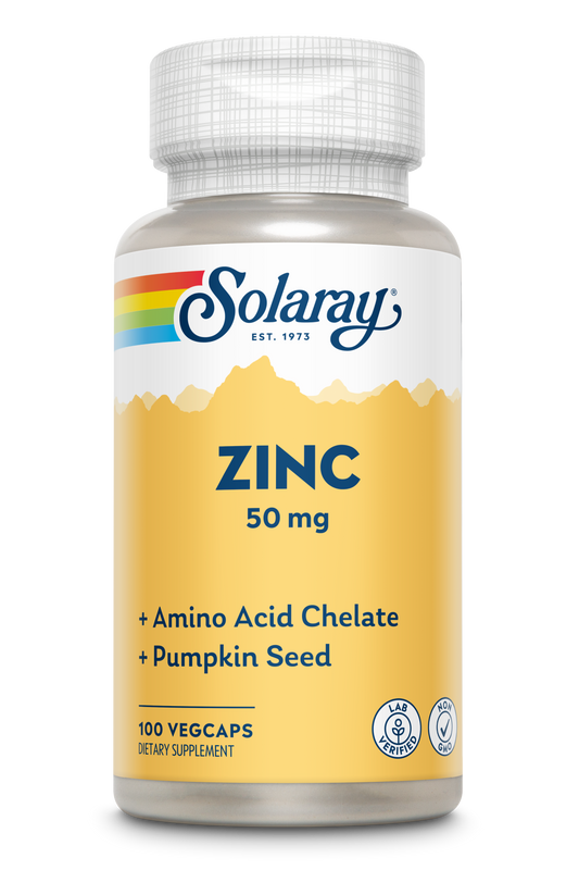 Solaray Zinc 50mg capsules with amino acid chelate and pumpkin seed for immune support.