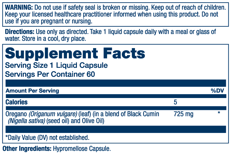 Supplement Facts for Solaray Oregano + Black Seed Oil liquid capsules: ingredients, directions, and warnings shown.