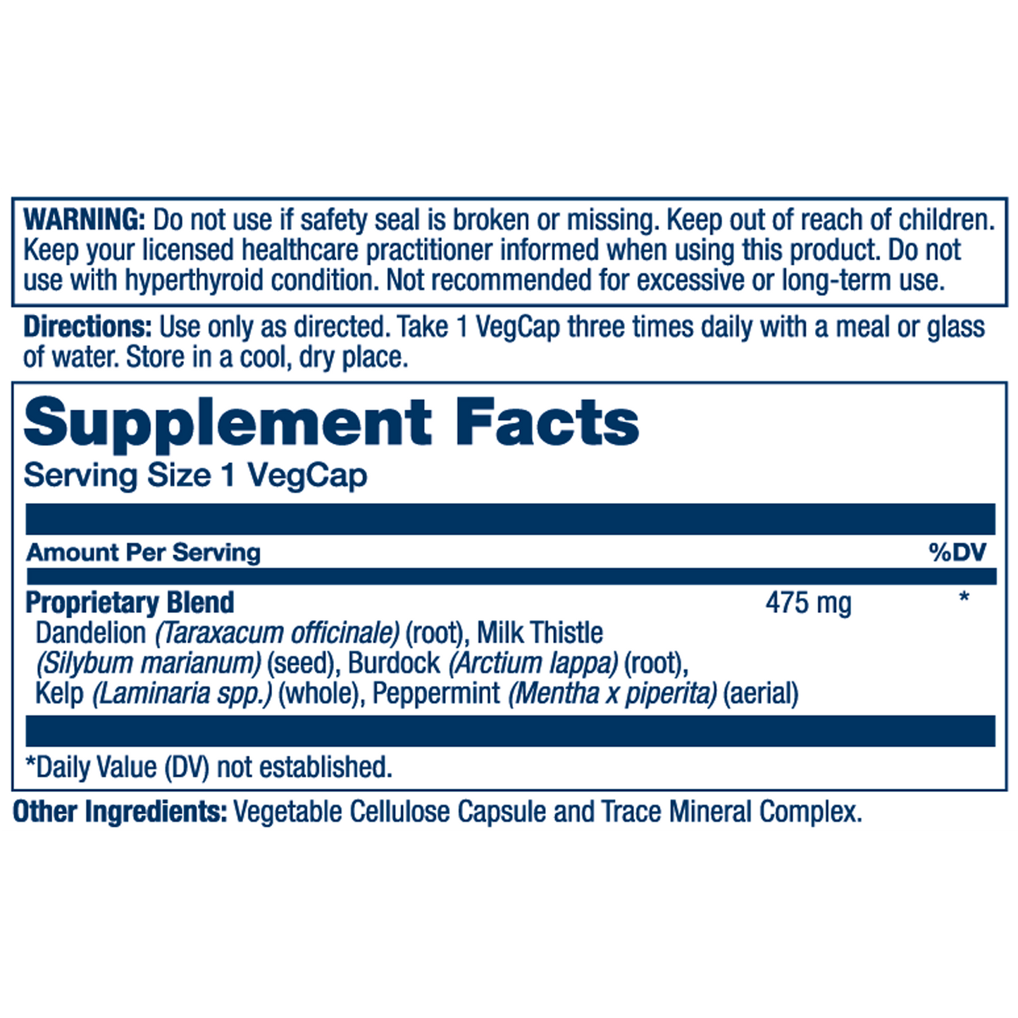Image showing the Liver Blend Sp-13 supplement facts label, highlighting a proprietary blend with dandelion root, burdock root, and milk thistle seed. Directions and warnings are clearly displayed above the ingredient list.