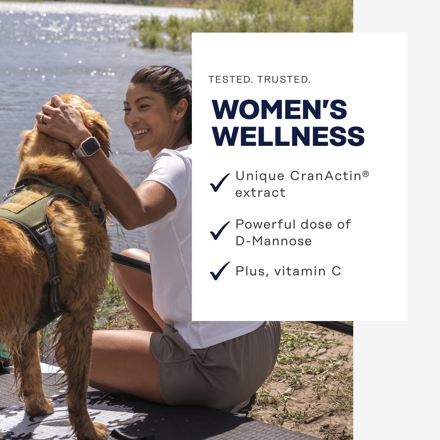 Smiling woman by lake pets dog; text promotes Solaray Women's Daily Wellness Bundle ingredients.