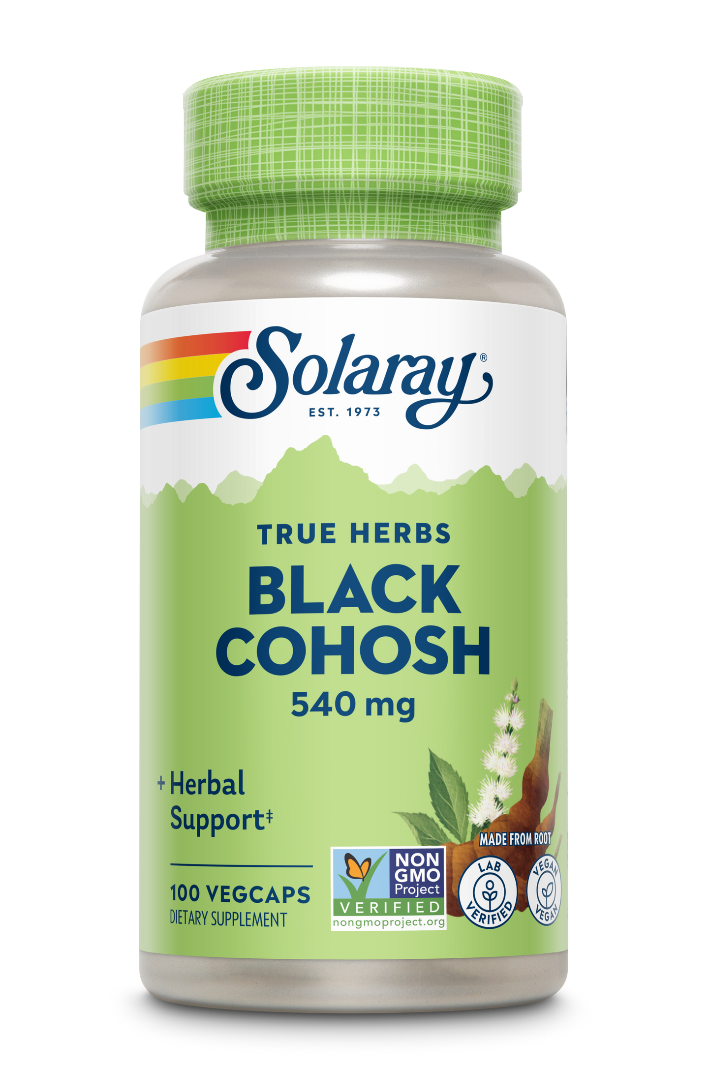 Solaray Black Cohosh Root 540mg, 100 vegcaps, herbal menopause support, green & white label.