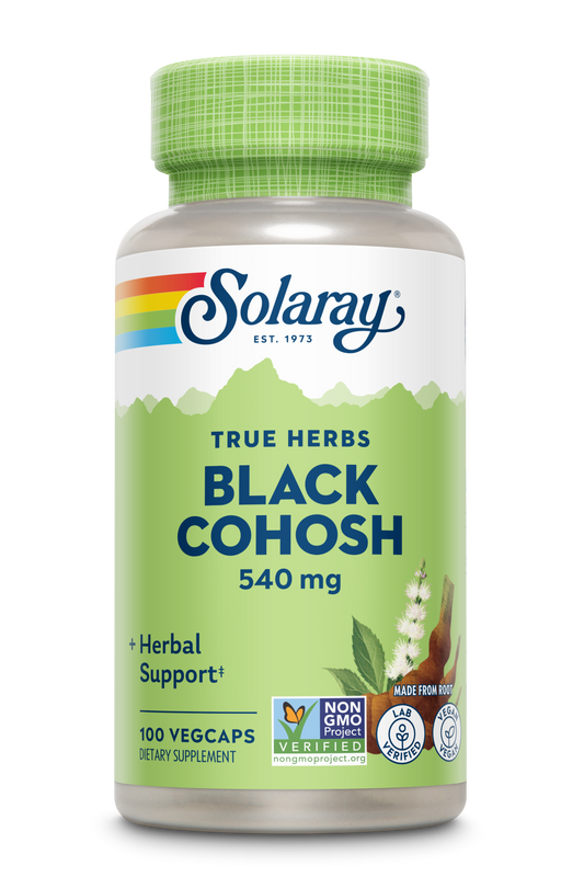 Solaray Black Cohosh Root 540mg, 100 vegcaps, herbal menopause support, green & white label.