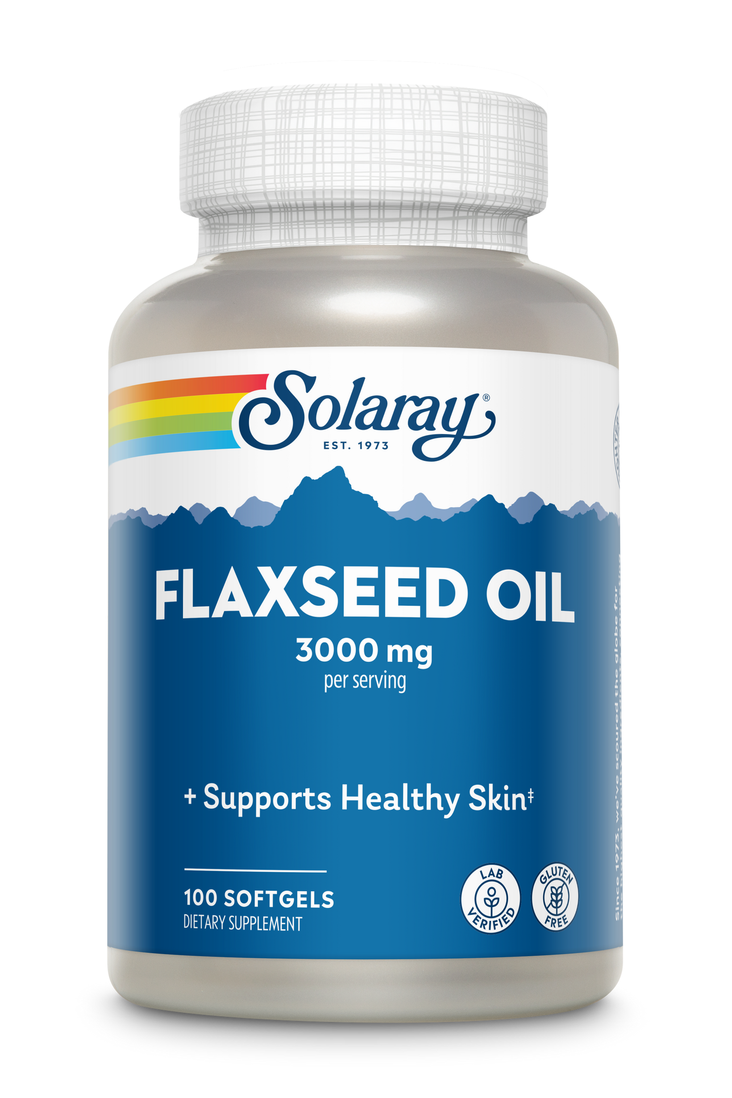 Bottle of Solaray Flaxseed Oil 1000mg softgels, providing 3000 mg of omega-3 per serving in a 100-count bottle.