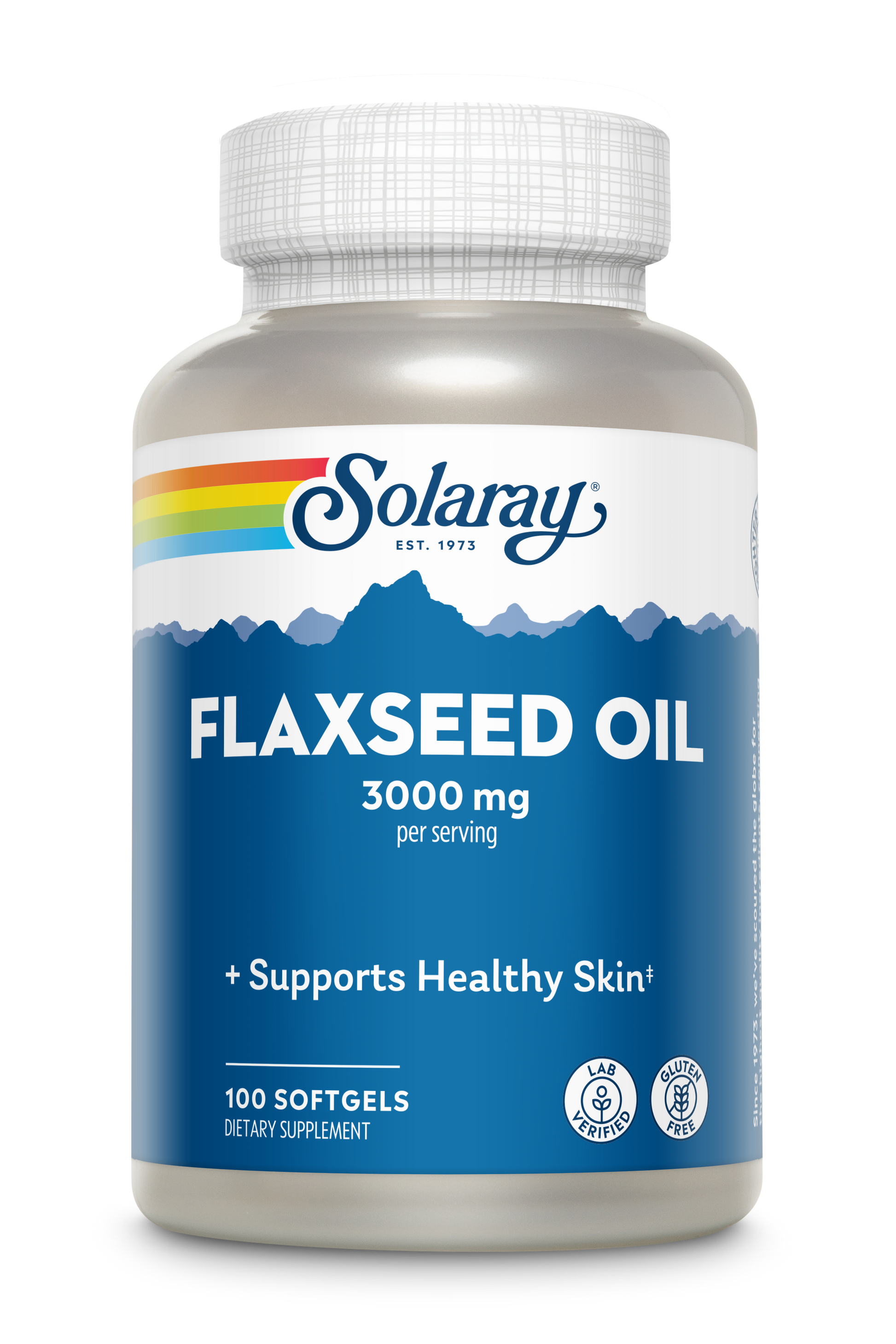 Bottle of Solaray Flaxseed Oil 1000mg softgels, providing 3000 mg of omega-3 per serving in a 100-count bottle.