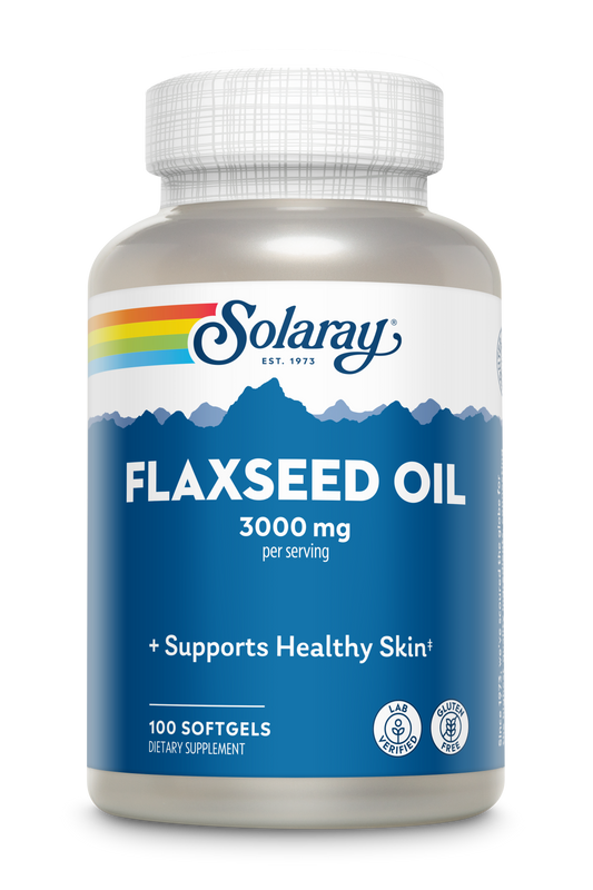 Bottle of Solaray Flaxseed Oil 1000mg softgels, providing 3000 mg of omega-3 per serving in a 100-count bottle.