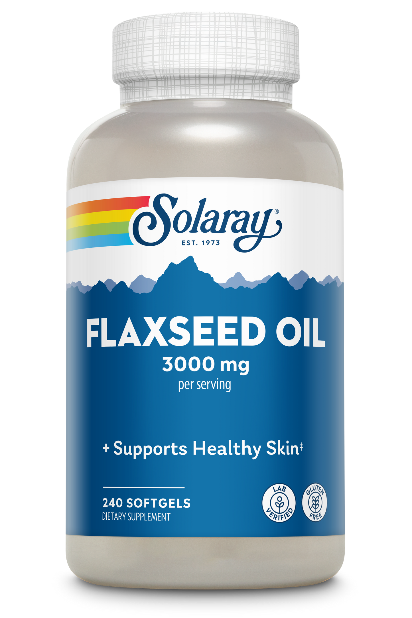 Solaray Flaxseed Oil 1000mg softgels bottle featuring a mountain landscape graphic and text promoting omega-3.