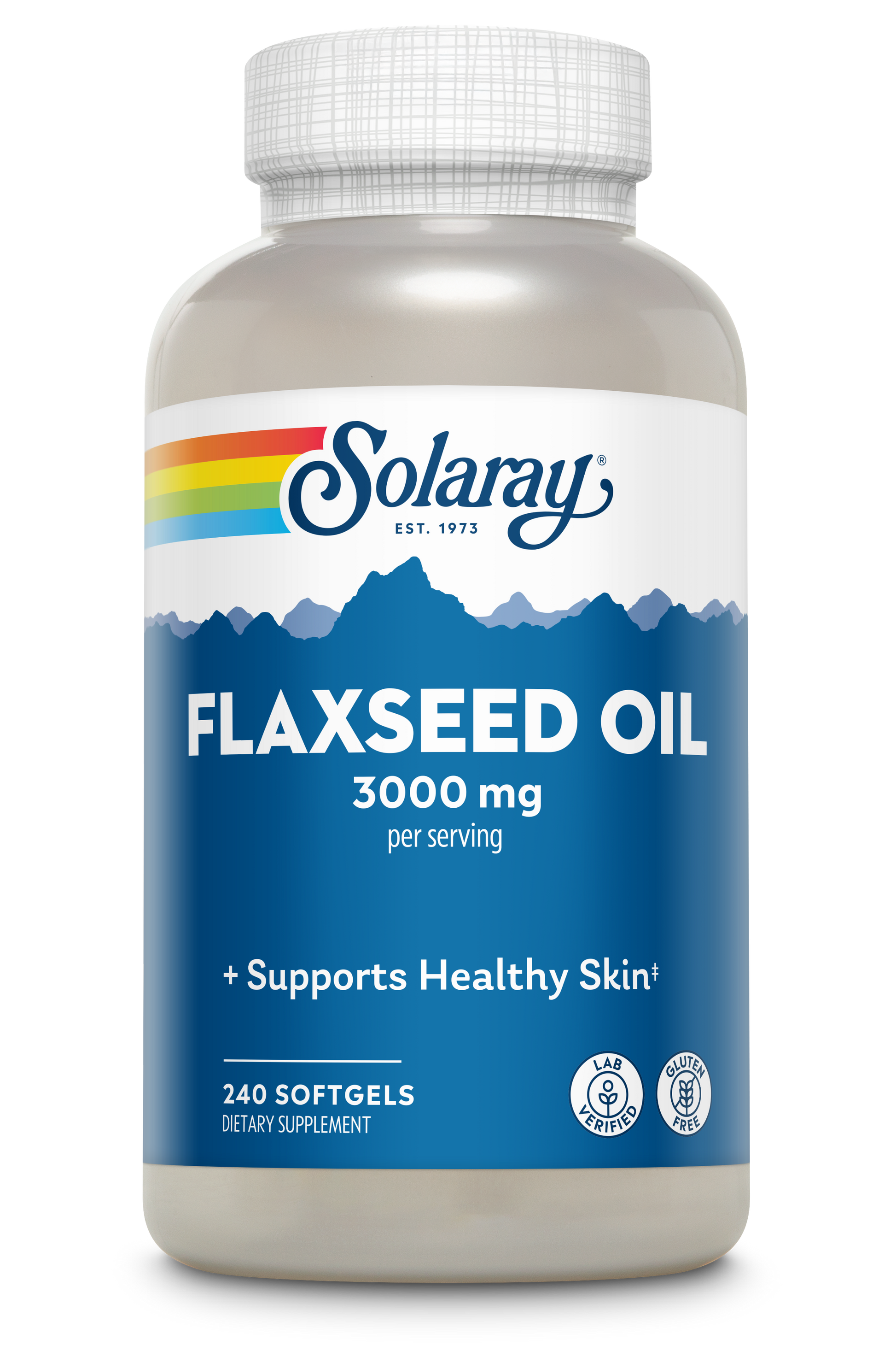 Solaray Flaxseed Oil 1000mg softgels bottle featuring a mountain landscape graphic and text promoting omega-3.
