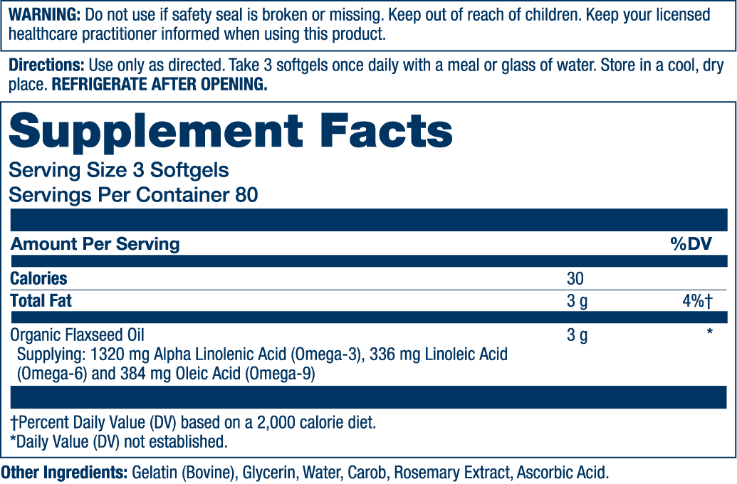 Supplement facts label for Solaray Flaxseed Oil 1000mg softgels, listing serving size, calories, total fat, and ingredients.