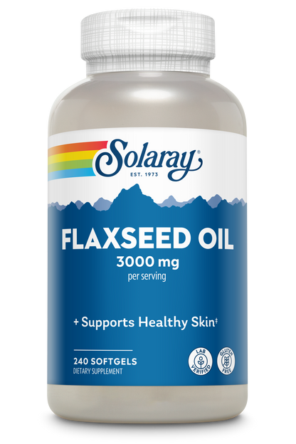 A bottle of Solaray Flaxseed Oil 1000mg, 240 softgels, rich in Omega-3 to support healthy skin.