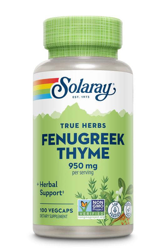 Bottle of Solaray Fenugreek & Thyme herbal support capsules.