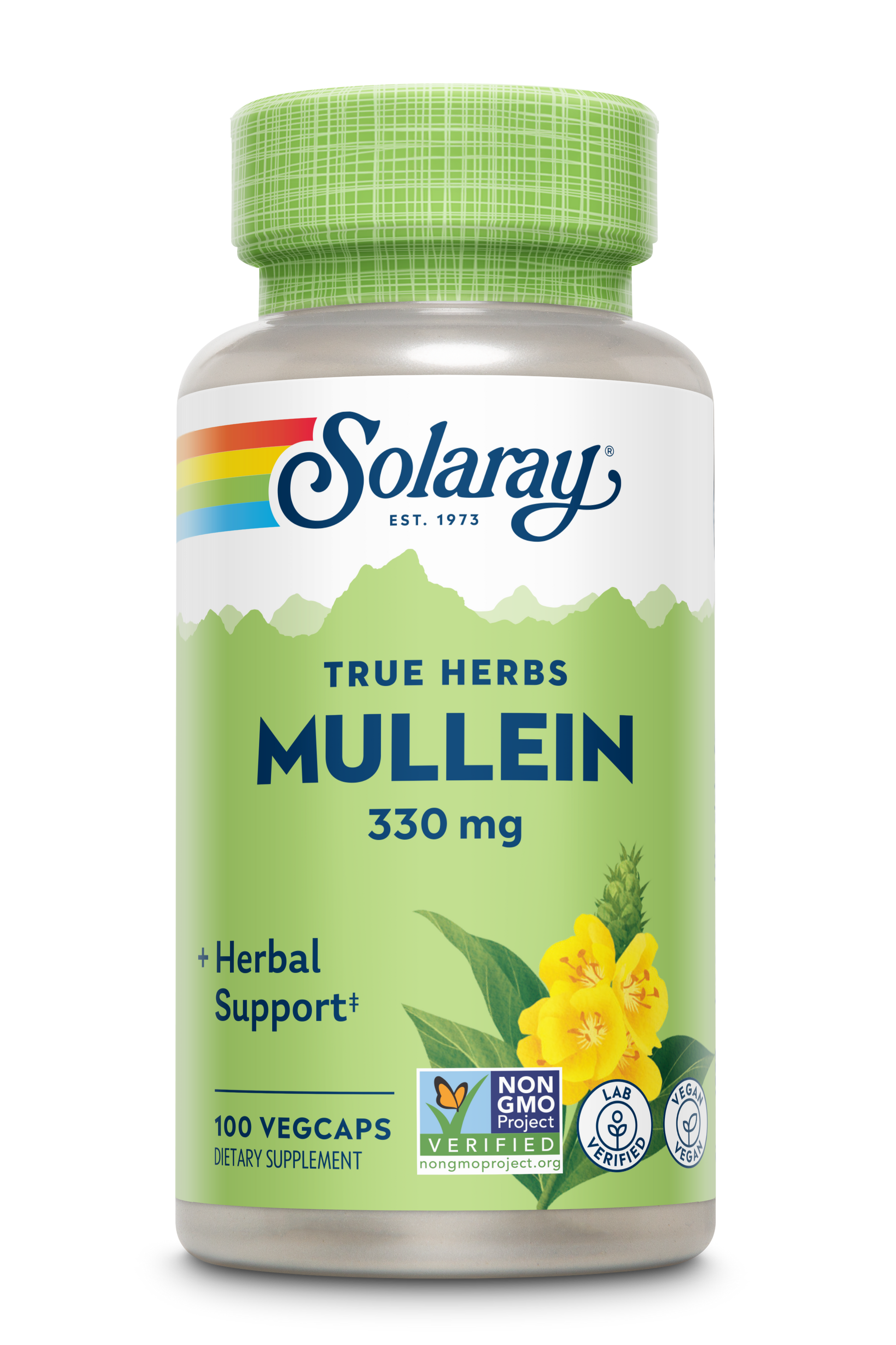 Solaray Mullein Leaf 330mg herbal supplement capsules in a bottle with a label illustration of yellow flowers.