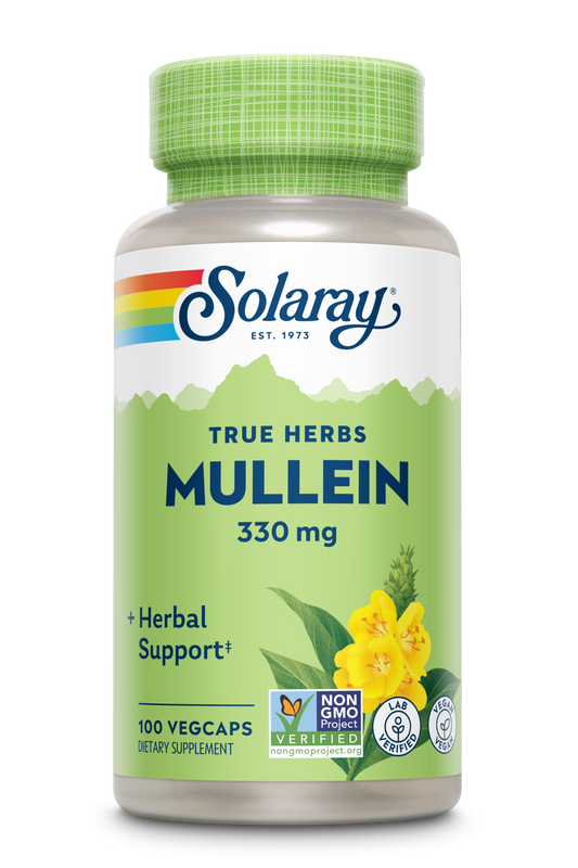 Solaray Mullein Leaf 330mg herbal supplement capsules in a bottle with a label illustration of yellow flowers.