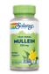 Solaray Mullein Leaf 330mg herbal supplement capsules in a bottle with a label illustration of yellow flowers.
