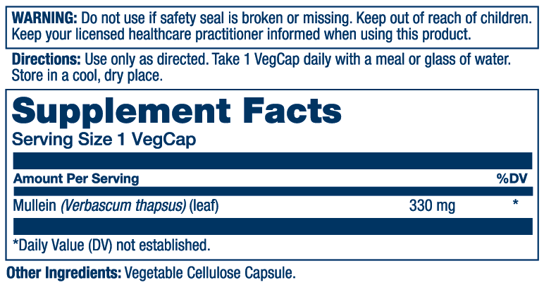 Supplement facts label for a Solaray Mullein Leaf 330mg capsule, showing dosage, respiratory directions, and warnings.