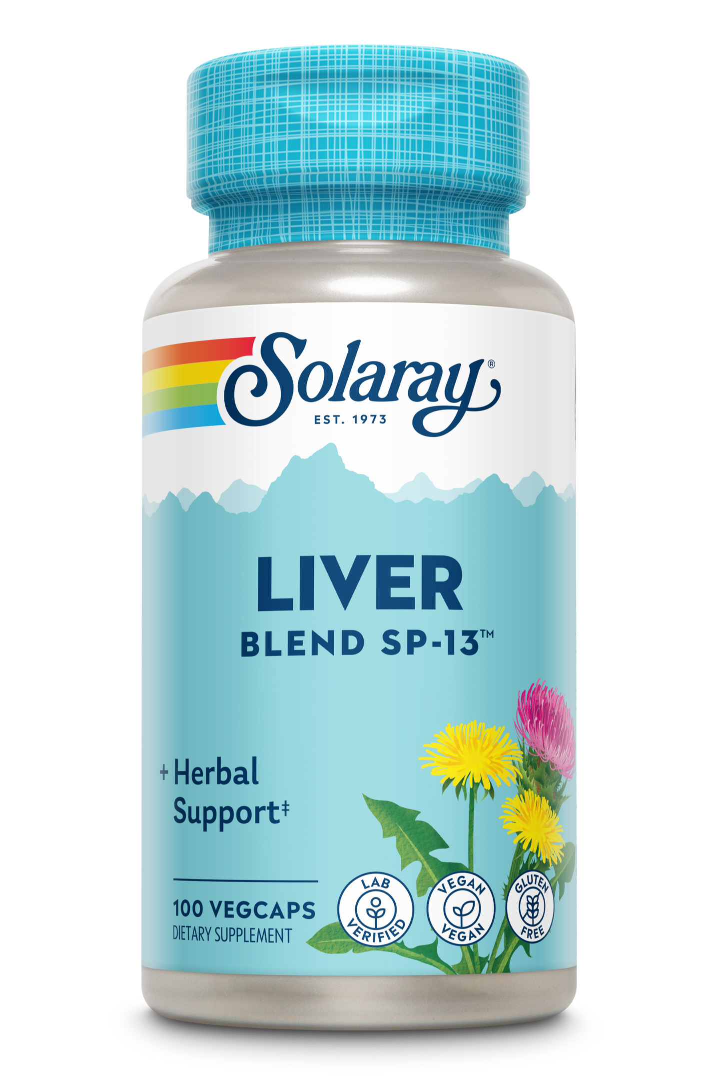 A bottle of Liver Blend Sp-13 dietary supplement with 100 veggie capsules features a blue label highlighting dandelion root, milk thistle seed, and herbal support. It is lab verified, vegan, and gluten free.