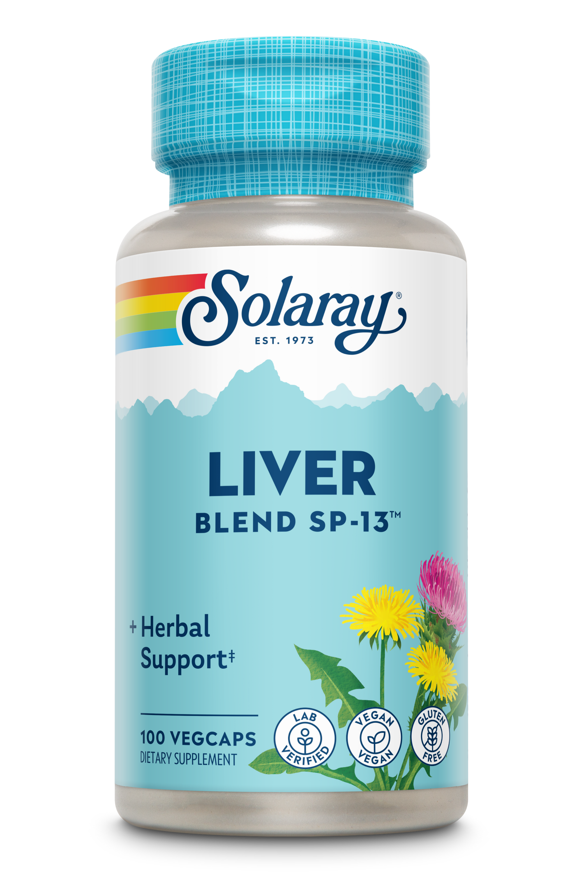 A bottle of Liver Blend Sp-13 dietary supplement with 100 veggie capsules features a blue label highlighting dandelion root, milk thistle seed, and herbal support. It is lab verified, vegan, and gluten free.