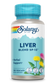 A bottle of Liver Blend Sp-13 dietary supplement with 100 veggie capsules features a blue label highlighting dandelion root, milk thistle seed, and herbal support. It is lab verified, vegan, and gluten free.