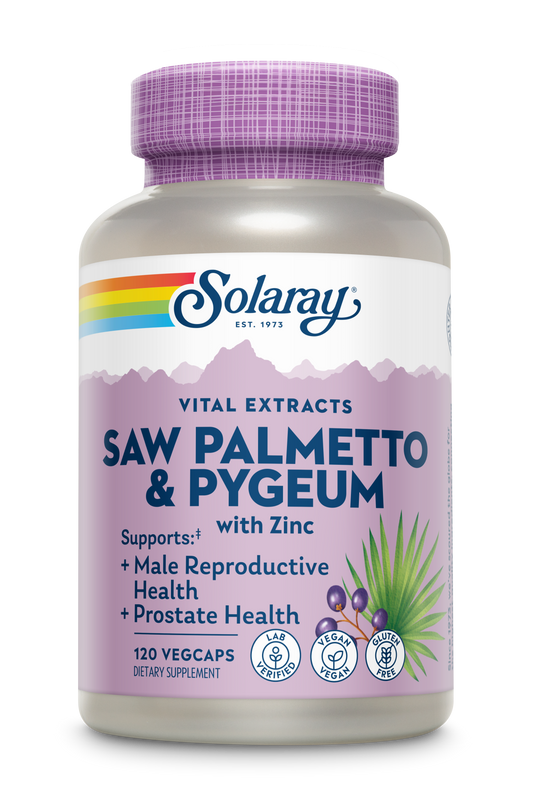 A Solaray Saw Palmetto & Pygeum with Zinc bottle featuring a rainbow, purple mountain, plant, and prostate support details.