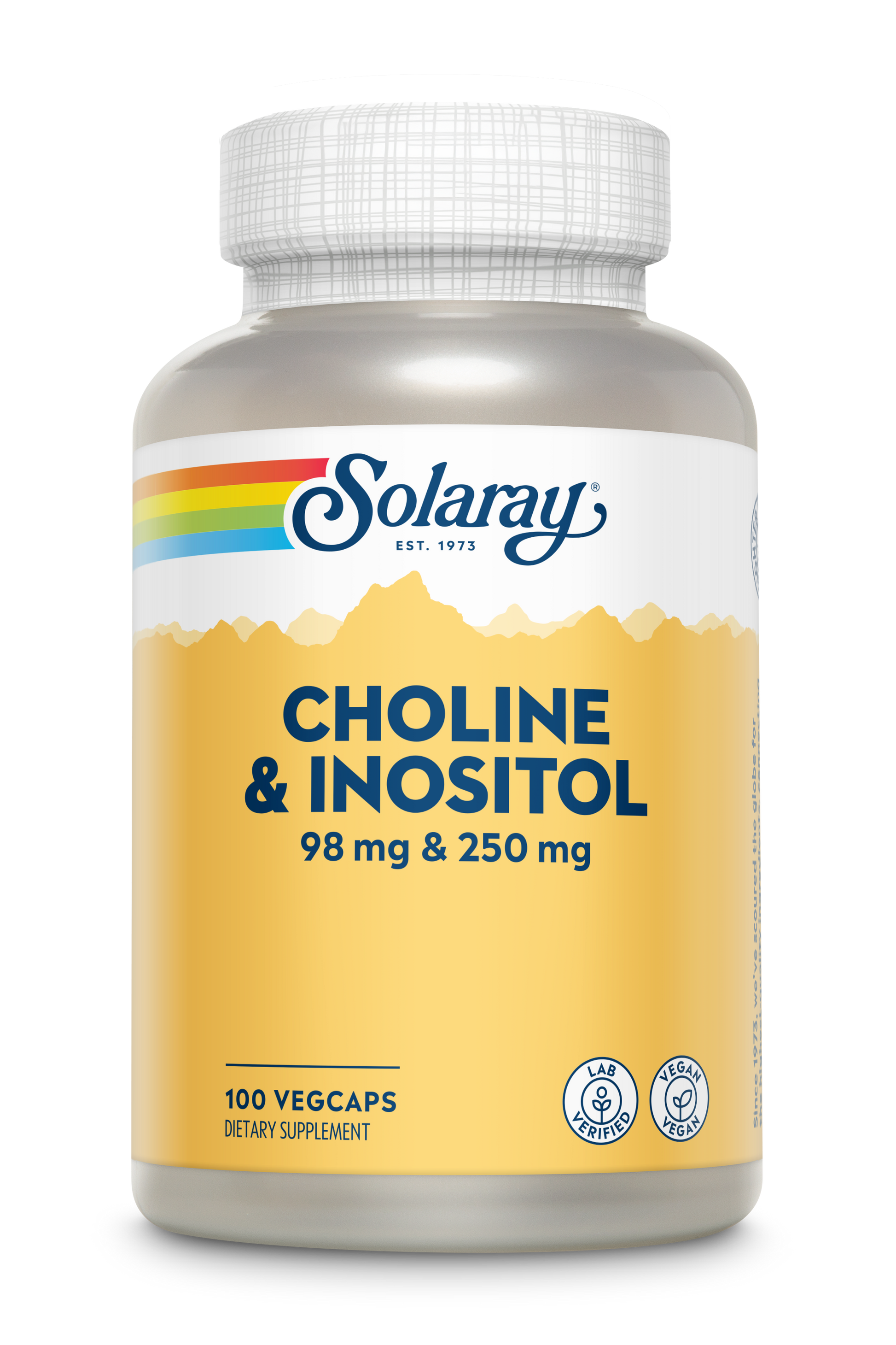 Plastic bottle of Solaray Choline & Inositol 250mg supplement capsules with a white cap and yellow label.