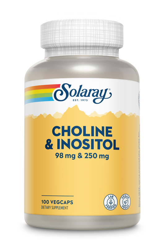 Plastic bottle of Solaray Choline & Inositol 250mg supplement capsules with a white cap and yellow label.