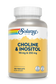 Plastic bottle of Solaray Choline & Inositol 250mg supplement capsules with a white cap and yellow label.