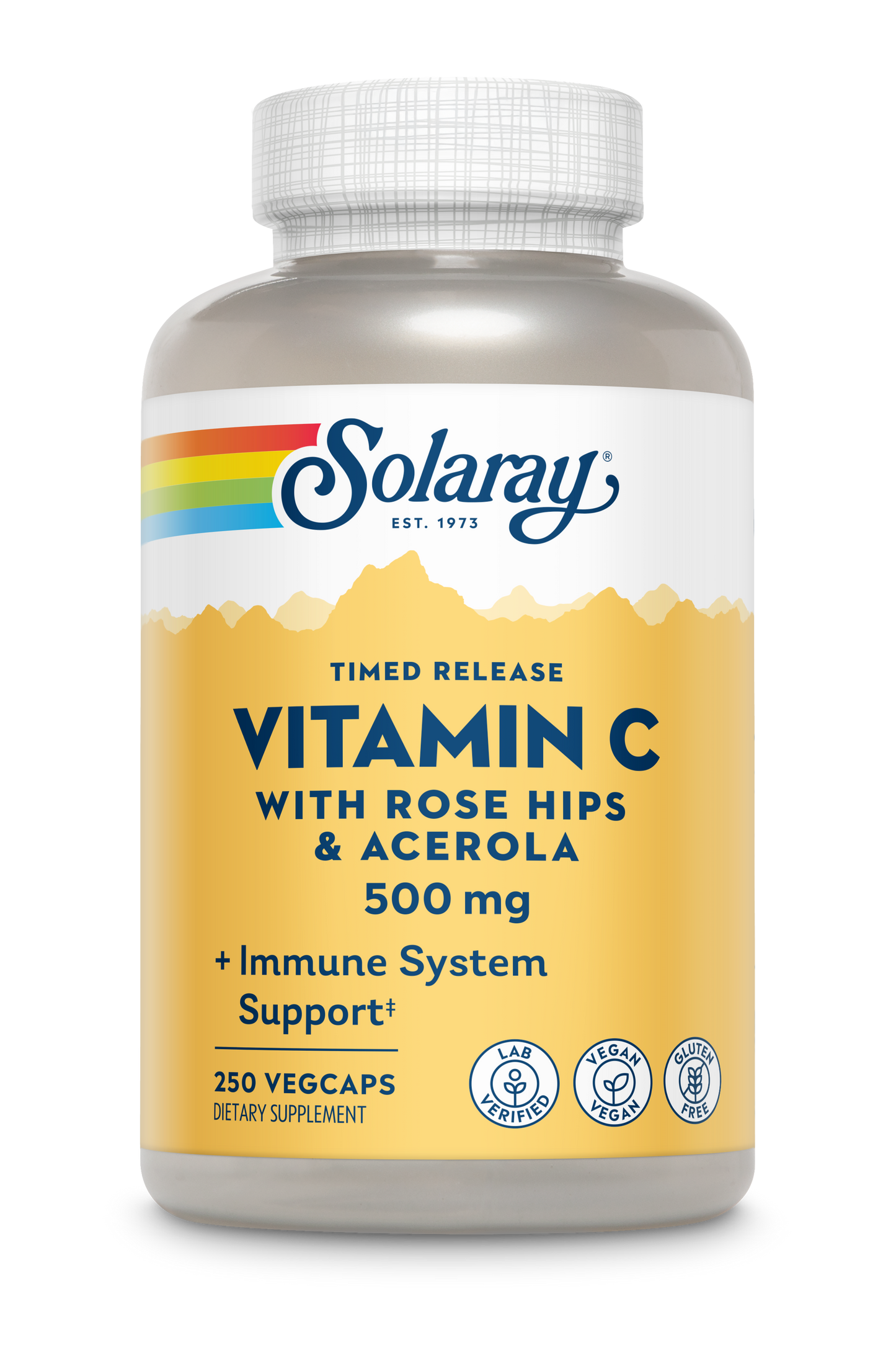 Solaray Vitamin C With Rose Hips & Acerola 500mg offers antioxidant immune support in 250 vegcaps.