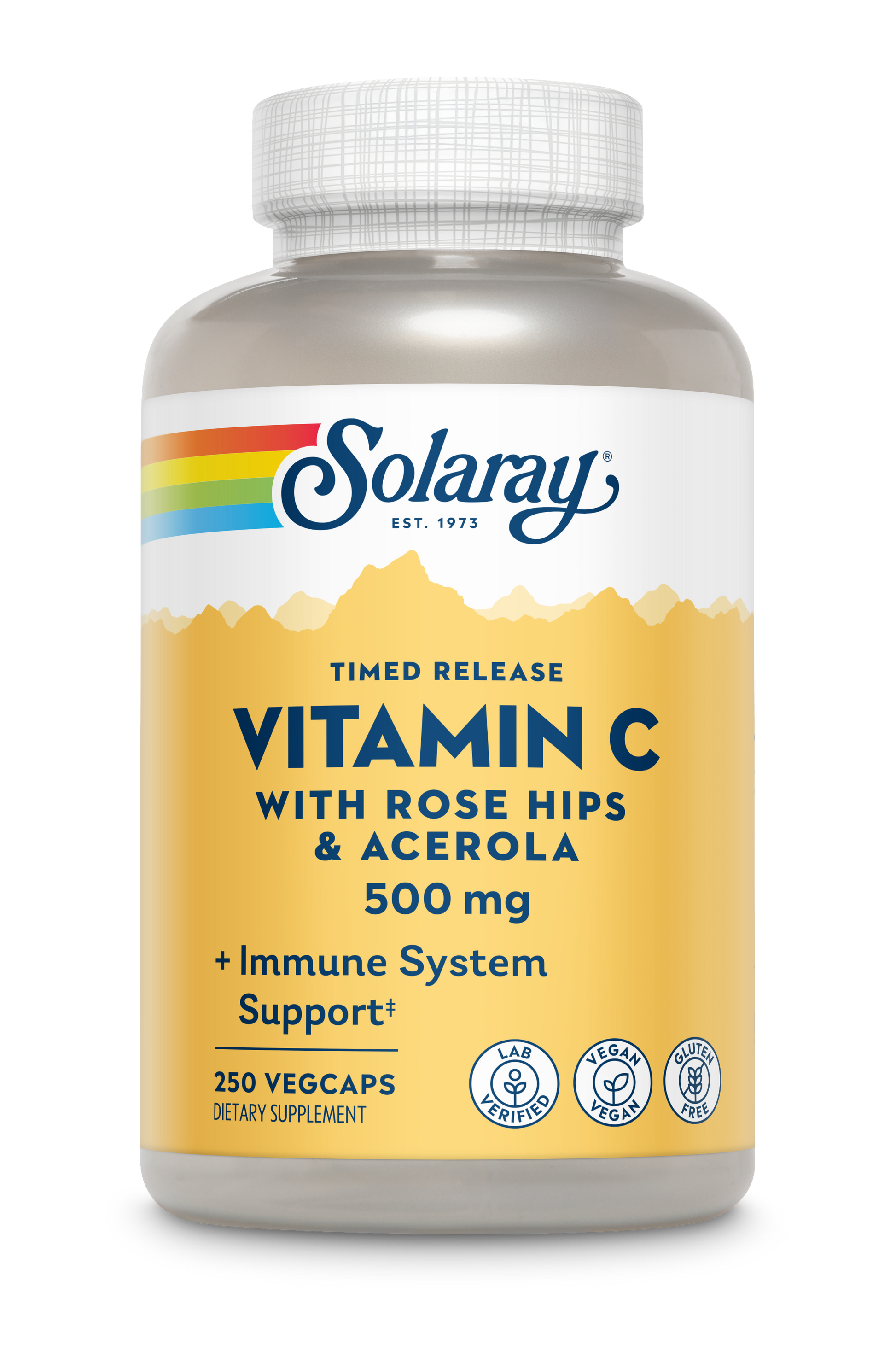 Solaray Vitamin C With Rose Hips & Acerola 500mg offers antioxidant immune support in 250 vegcaps.