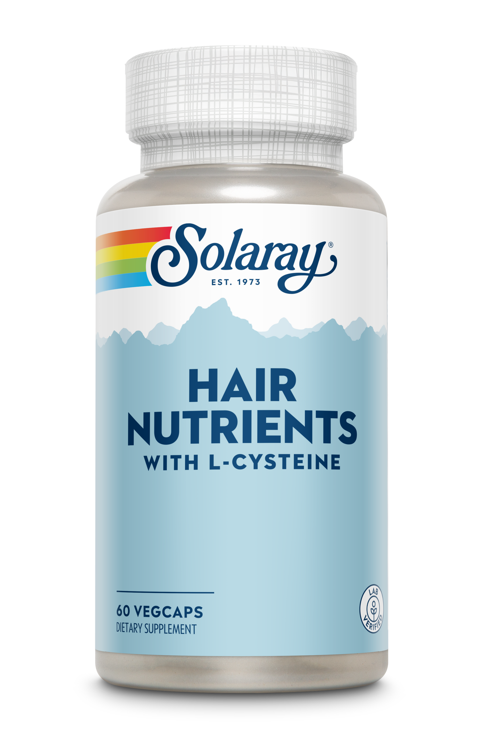 Solaray Hair Nutrients capsule bottle, featuring a rainbow graphic and mountain illustration on the label.