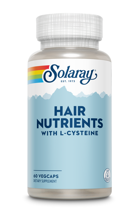 Solaray Hair Nutrients capsule bottle, featuring a rainbow graphic and mountain illustration on the label.