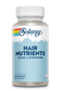 Solaray Hair Nutrients capsule bottle, featuring a rainbow graphic and mountain illustration on the label.
