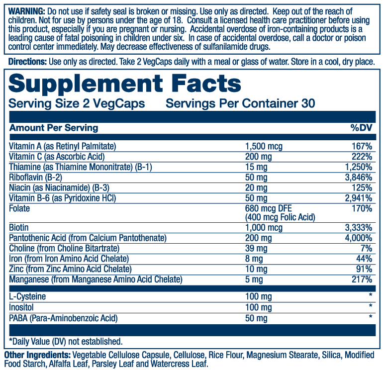 Supplement Facts label for Solaray Hair Nutrients detailing biotin dosage, daily values, and ingredients.