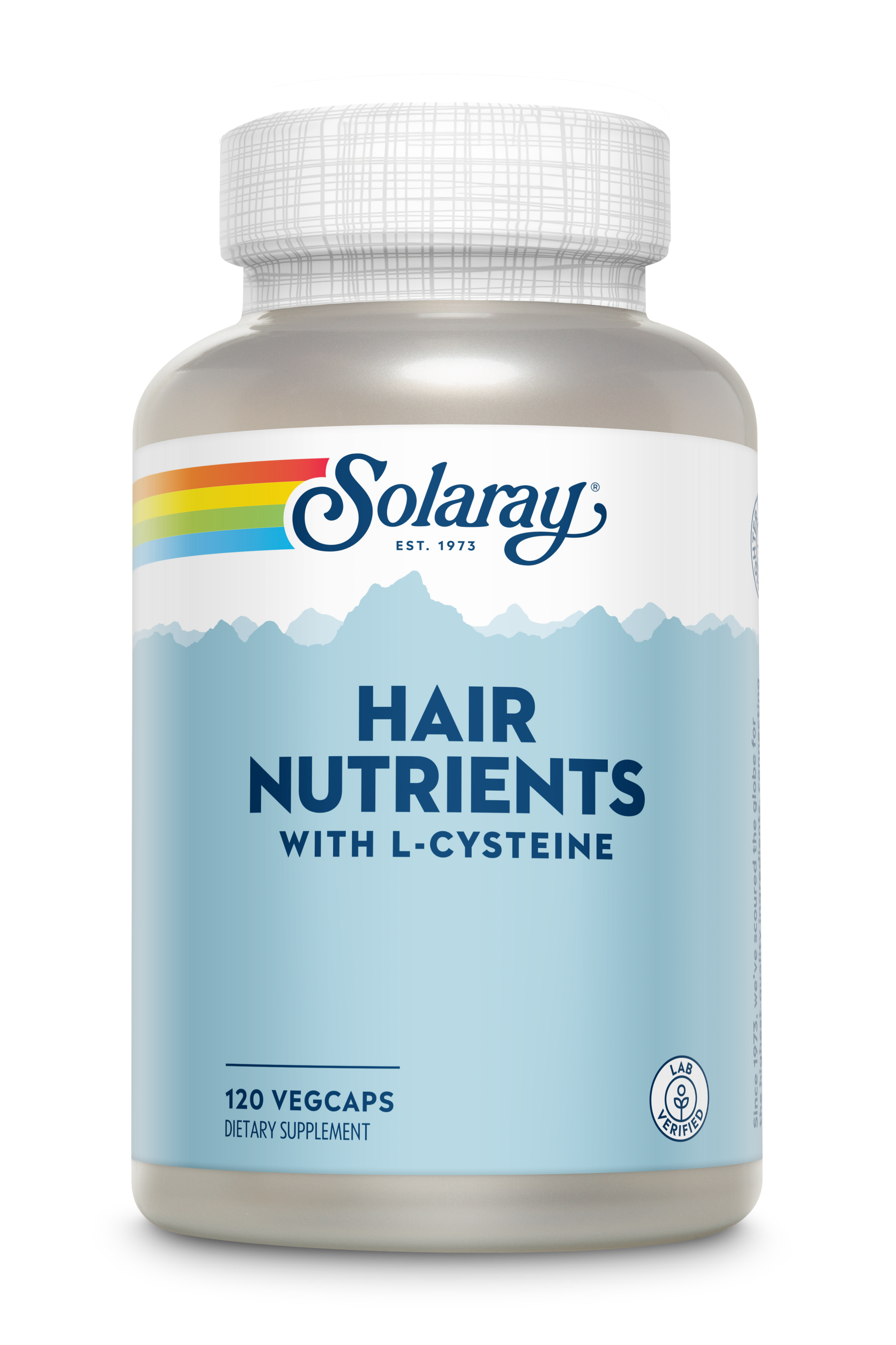 Plastic bottle of Solaray Hair Nutrients dietary supplement capsules with biotin support.