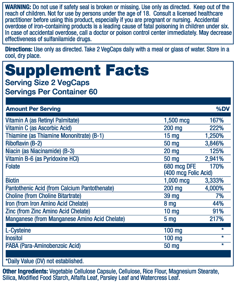 Solaray Hair Nutrients supplement facts label listing daily values for nutrients and ingredients per two-capsule serving.