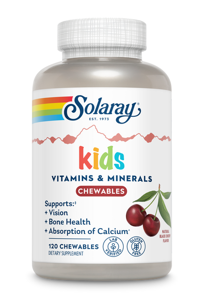 Solaray Children's Multivitamin, cherry flavor, 120 chewable tablets, comes in a colorful bottle.
