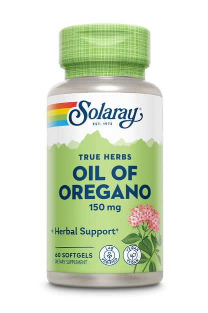 A bottle of Solaray Oil Of Oregano 150mg with a green cap and herbal design on the label.