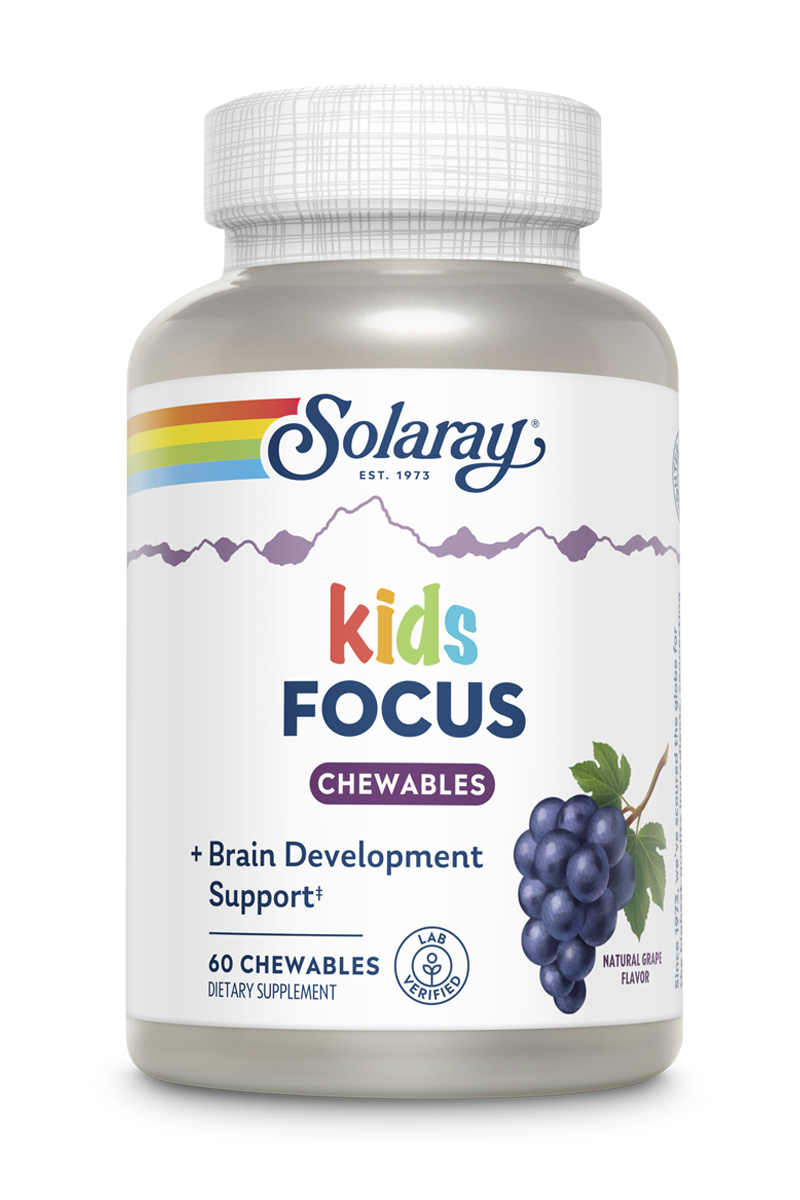 A bottle of grape-flavored Solaray Focus For Children chewable dietary supplements.
