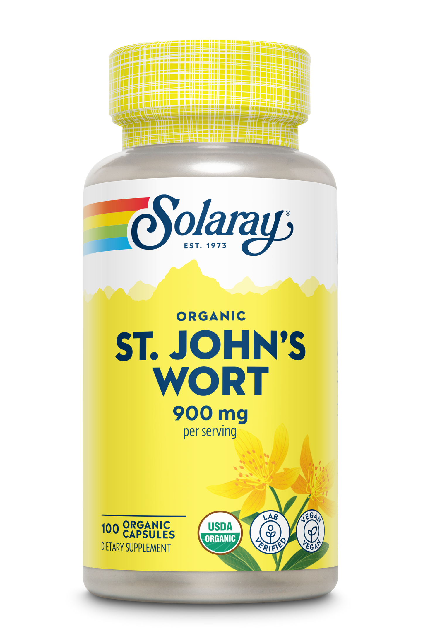 Solaray Organic St. John's Wort 900mg, 100 capsules—herbal support with USDA Organic & Vegan labels.