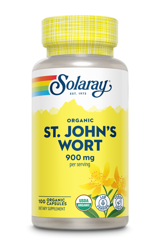 Solaray Organic St. John's Wort 900mg, 100 capsules—herbal support with USDA Organic & Vegan labels.