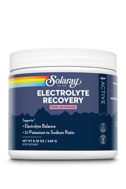Solaray Electrolyte Recovery is an electrolyte powder that supports muscle recovery and hydration. 249g.