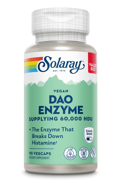 Solaray DAO Enzyme, 90 vegan caps, supports histamine breakdown; gluten-free and plant-based.