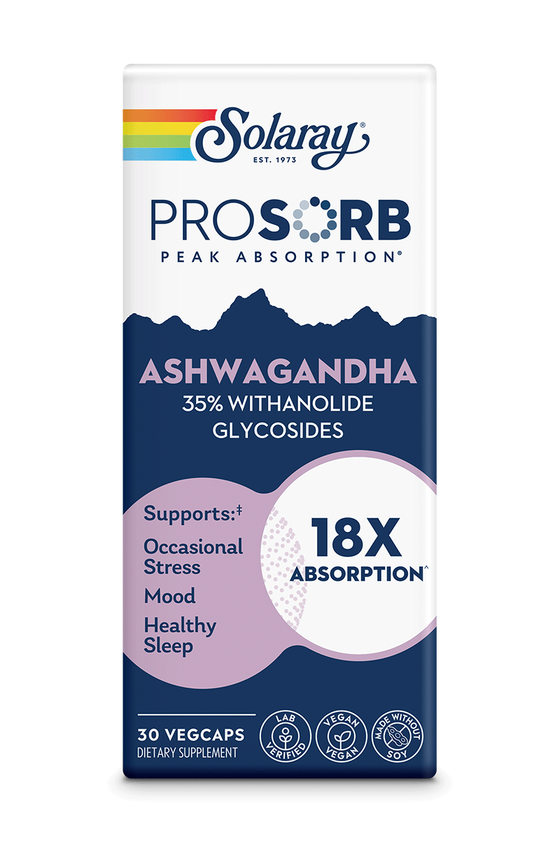 Solaray ProSorb Ashwagandha 18x 240mg offers enhanced absorption for stress, mood, and sleep support in 30 vegcaps.